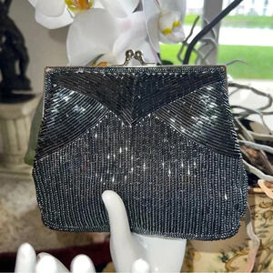 Magid Women’s Vintage Pewter Beaded Evening Bag Purse Clutch Satin Blend Lining